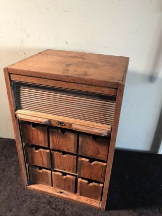 Antique Wood Industrial Parts Cabinet With Tambour Door 12 - Drawers