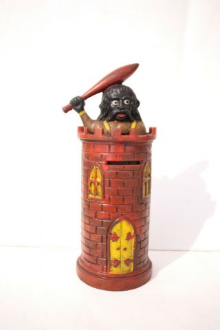 Red Castle Money Box Ogre Giant 20s Vintage Cast Iron Black Heavy Metal Painted