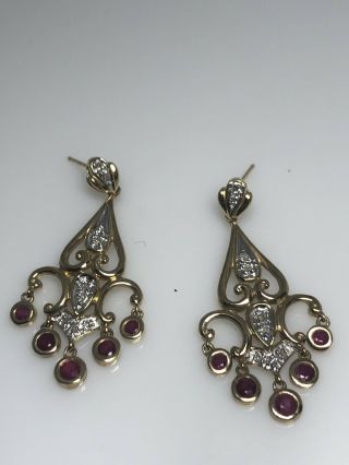 10k Yellow Gold Diamond And Ruby Chandelier Earrings Vintage Jewelry