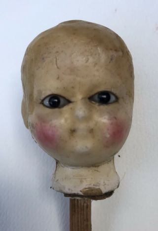 Antique Doll - Early Wax Over Papier Mache Socket Peg Head With Glass Eyes
