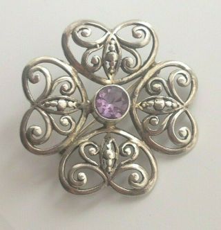 Vintage Sterling Silver Jewellery Love Hearts Butterfly & Amethyst Stone Brooch
