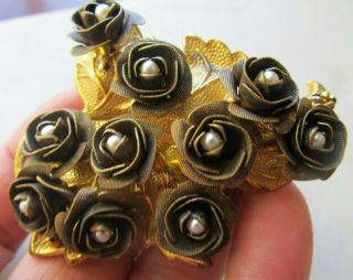 Large Vintage Signed Miriam Haskell Gold Tone Brooch Faux Pearls Roses