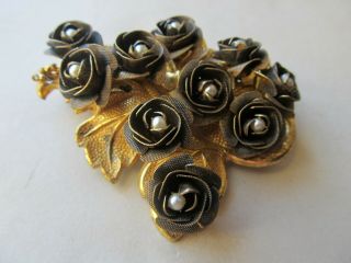 Large Vintage SIGNED MIRIAM HASKELL Gold Tone BROOCH Faux Pearls ROSES 2