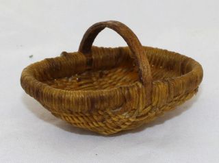 Vtg Dollhouse Artisan Garrys Miniature Hand Woven Gather Basket Wood Handle 1:12