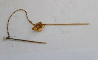 Vintage Antique Victorian Stick Pin Flower Pearl Diamond 14k 14kt Solid Gold Nr