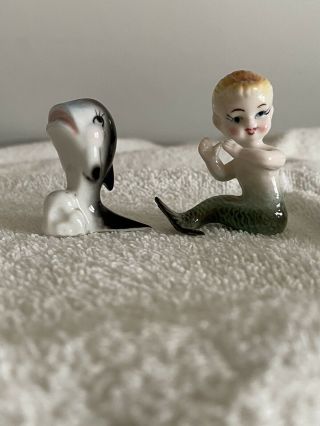 2 Vtg Miniature Bone China Figurines - Mermaid W/blond Hair & Whale On Wave