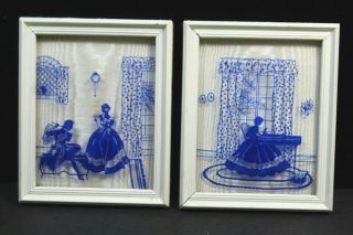 Vintage Silhouette Reverse Painted Convex Glass Man Women Piano X2 Blue
