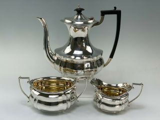 3 - Pc English Sterling Silver Coffee Set W/ Coffee Pot,  Creamer,  Sugar Bowl,  1922