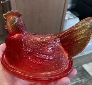 Vintage Indiana Glass Cranberry Hen Chicken On Nest,  Amberina
