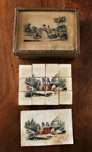 Mid 19th C.  French Boxed Lithograph Wood Block Puzzle C.  1860