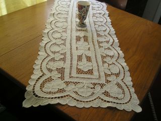Gorgeous Vintage Table Runner White Cotton,  Embroidered,  Drawn Threadwork