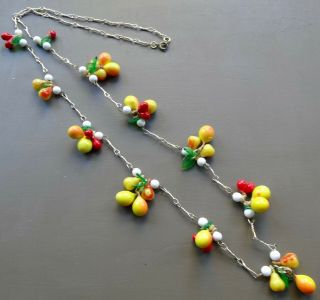 vintage tutti fruitti glass & lucite fruit bead gold tone chain necklace - N205 2