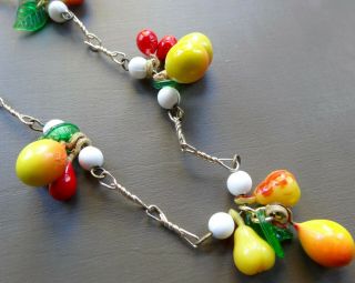 vintage tutti fruitti glass & lucite fruit bead gold tone chain necklace - N205 3