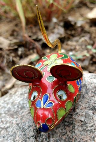 Cloisonne Mouse Figurine Statue Vintage Chinese Red & Gold Enamel Floral