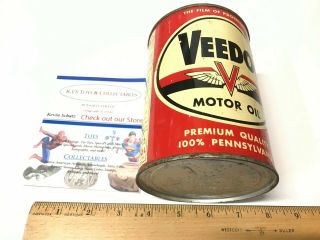 1940s Vintage Veedol Motor Oil Old 1 Qt.  Tin Oil Can Empty Advertising Tin