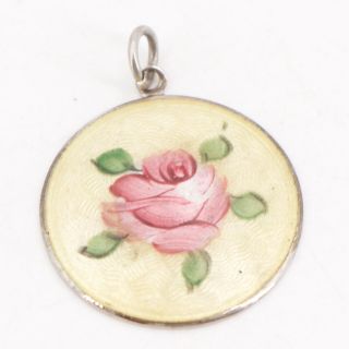 Vtg Sterling Silver - Guilloché Enamel Rose Flower Floral Bracelet Charm - 5.  5g