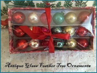 18 Antique Vtg Feather Tree Glass Christmas Ornaments Multi - Colors Box
