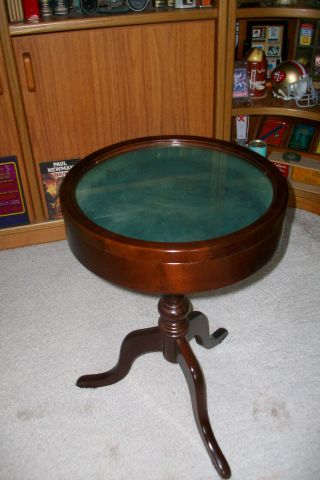 Vintage Wood And Glass Bombay Round End Display Table.  Rare