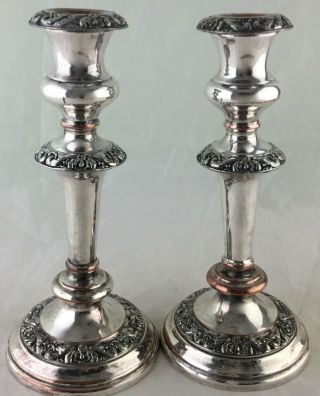 Antique Silver Plate On Copper Candlestick/holder Pair Ornate Rims