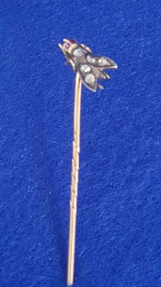 Antique C19th Victorian 9ct Gold Diamond & Ruby Fly Insect Stick Or Stock Pin