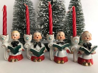 Vintage Christmas Ceramic Noel Choir Boys Candle Holders 3” Japan Hand Painted