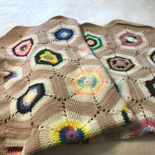 Vintage Handmade Crochet Afghan Blanket Throw Hexagon Beige Multi Color 64 X 59