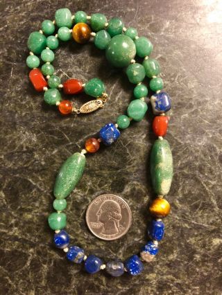 Vintage 14k Gold Hand Knotted Aventurine Carnelian Sodalite Tigers Eye Necklace