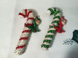 2 Vintage Sequin Beaded Green Red Candy Cane Pixie Elf Christmas Ornaments