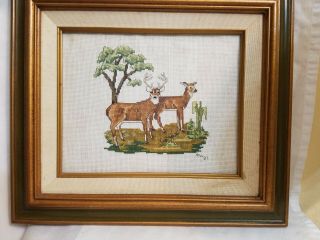 13 By 15 Vintage Finished Needlepoint Picture Deers Buck,  Doe Cottage Cabin Deco