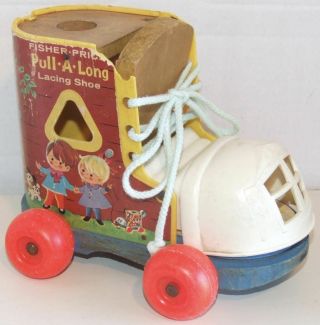 Vintage Fisher Price Pull Along Lacing Shoe Wooden & Plastic