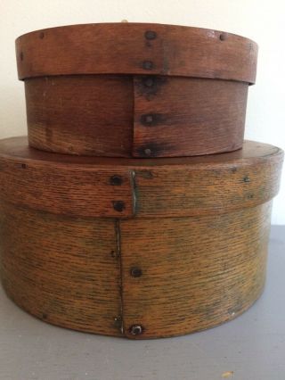 2 Antique Primitive Round Wood Pantry - Cheese Boxes With Lids