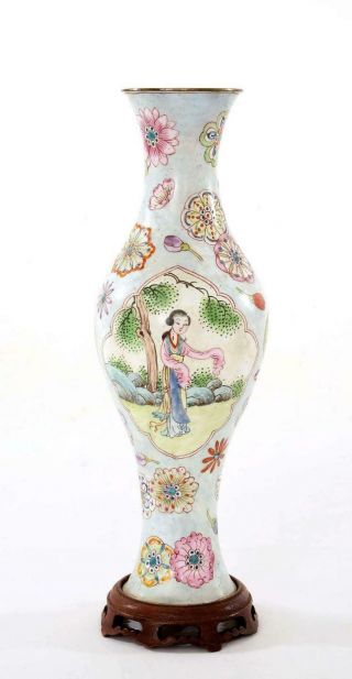 Vintage Chinese Canton Enamel Cloisonne Vase Lady Figure Figurine Wood Stand