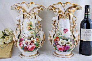 Pair Antique 19thc Hand Paint Vieux Paris Porcelain Vases Floral Decor