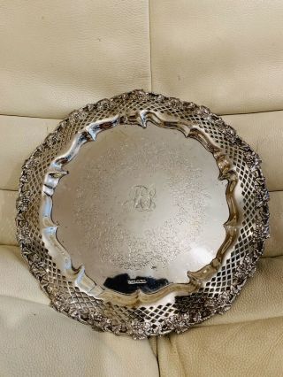 853gms Solid Silver/925 Sterling Silver Pierced Salver/plate Chased Grapevine