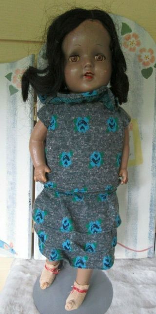 Vintage African American Composition And Cloth Doll With Teeth And Tin Eyes 18 "