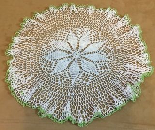 Vintage Round Hand Crocheted Doily,  Large,  Flower Design,  White & Green