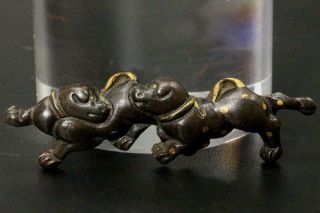Mnk60 Fine Japanese Antique Dog Copper Menuki Kanagu Sword Tsuba