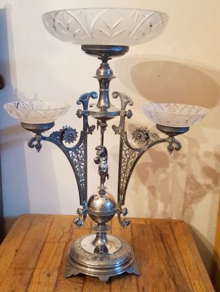 Antique English Silver Plate Epergne Centerpiece And Cut Crystal Bowls