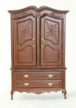 Vtg Dollhouse Miniature Carved Walnut Wood Colonial Wardrobe Armoire Floral