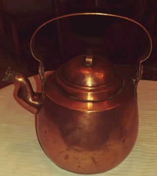 Medium Antique Hand Made Copper Tea Pot / Kettle With Handle & Hinged Spout Lid