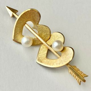 Sign Krementz Vintage 14k Gold Overlay Cultured Pearl Heart Arrow Brooch Pin 623