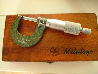 Vintage Mitutoyo 0 - 1 .  0001  Precison Micrometer Caliper Japan,  Orig Wood Case