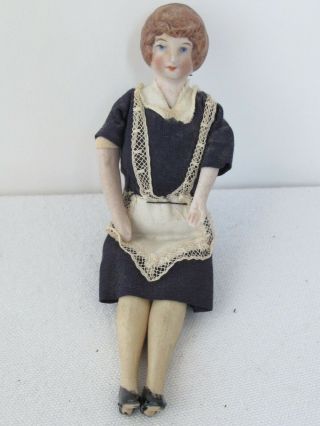 Antique German Doll House Doll 5 1/4 " Tall Bisque Maid Doll Clothes