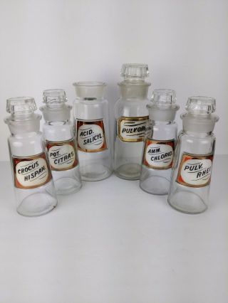Antique Apothecary Pharmacy Chemist Medicine Glass Bottle Jar Set Of 6