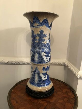 Chinese 19th Century Blue White Beaker Vase Porcelain Wooden Stand Pottery