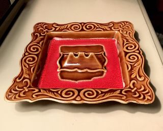 Vintage Mid Century Modern USA Pottery Brown Red Ceramic Ashtray Square Mad Men 2