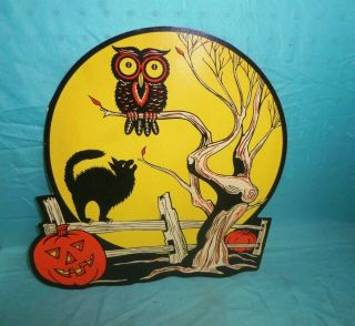 Vintage Halloween Die Cut Full Moon Pumpkin Cat Owl Scene Decoration