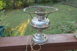 Antique Vintage Rayco Electrified Oil Lamp Nickel Plated W/ Rim For Shade