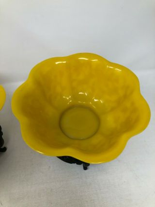 China Imperial Yellow Peking Glass Matching Pair Bowls Carved Flowers Scalloped 3