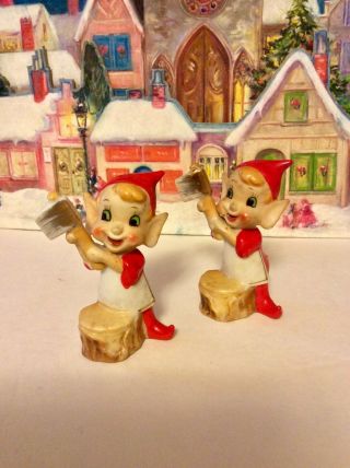 Vintage Ceramic Red Pixie Elves By Tree Stump Holding Axe Hatchet Stamped Japan